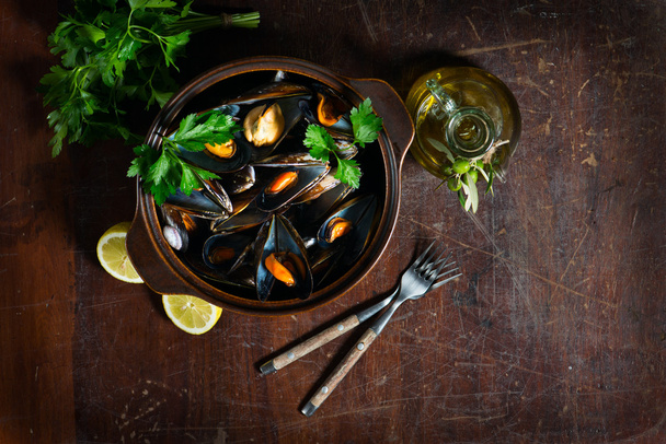 Mussels in a pot, view from above - Photo, Image
