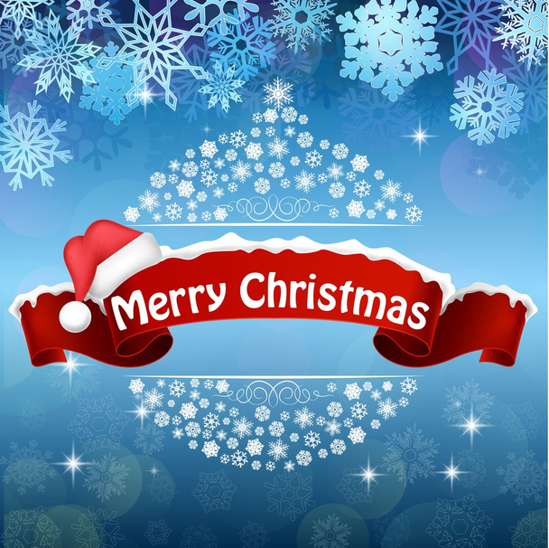 Merry Christmas celebration background with red realistic ribbon banner hat - Вектор,изображение