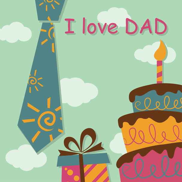 Father Day greeting card with present and cake - Vector, Image