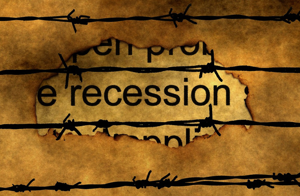 Rezessionstext auf Papier gegen Stacheldraht - Foto, Bild