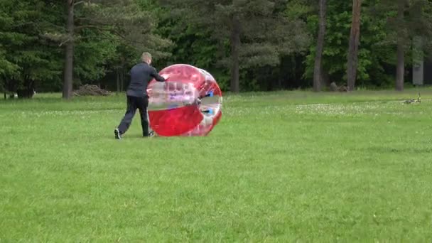 Isä-vanhempi painostaa poikaansa zorb-pallossa nurmikolla. 4K
 - Materiaali, video