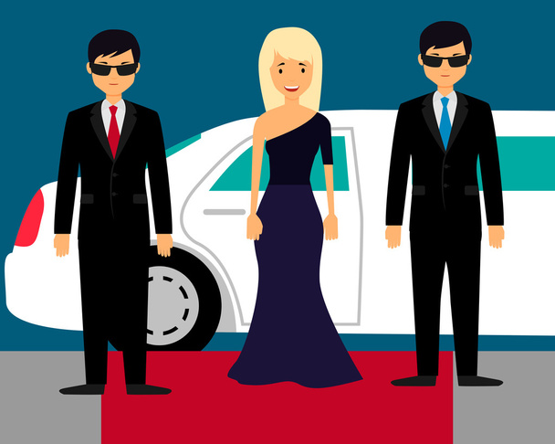 Superstar mit Leibwächtern auf dem roten Teppich im Hintergrund einer Limousine. Vektorillustration - Vektor, Bild