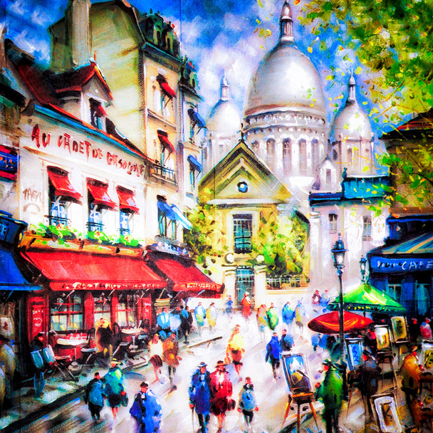 sacre coeur ve montmartre Paris renkli resim - Fotoğraf, Görsel