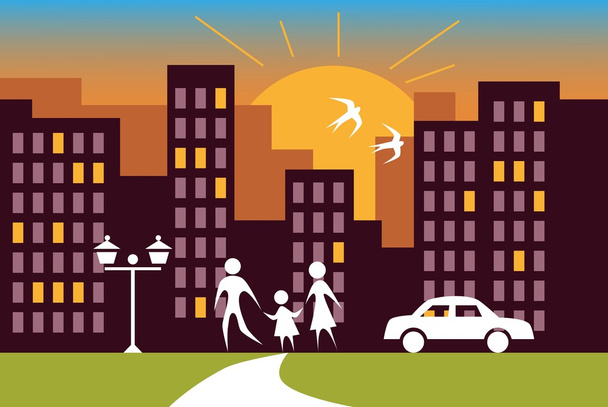city sunrise and family - Vector, afbeelding