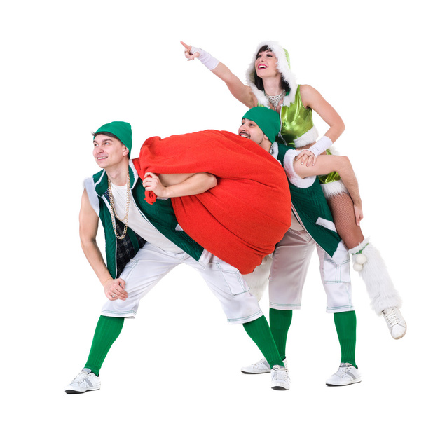 friendly people dressed like a funny gnomes dancing, isolated on white - Foto, Bild