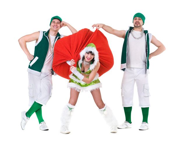 friendly people dressed like a funny gnomes dancing, isolated on white - Zdjęcie, obraz