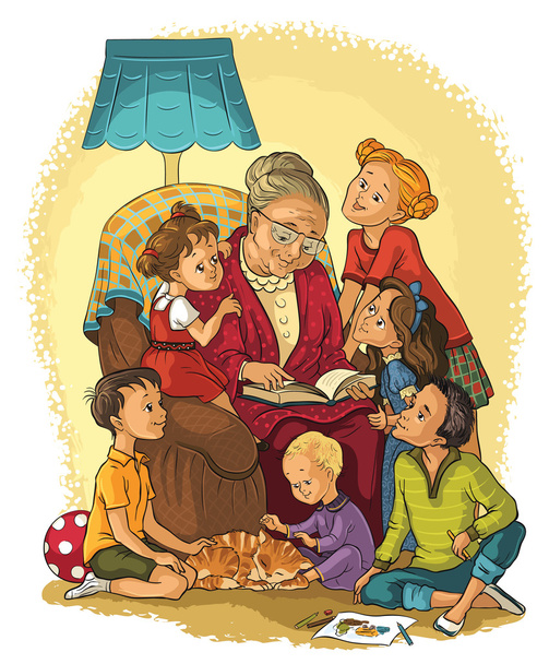 Avó sentada em poltrona lê um livro para seus netos
 - Vetor, Imagem