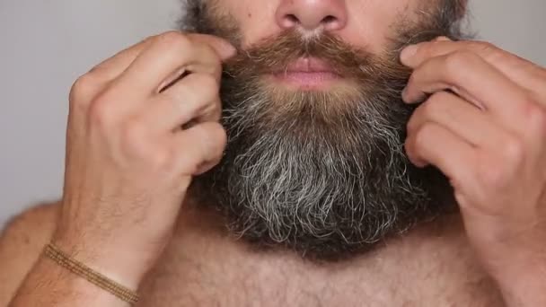 Homem branco cuidando de sua barba exuberante e bigode
 - Filmagem, Vídeo