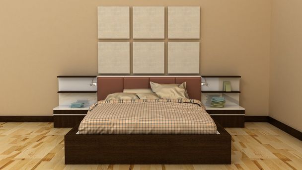 Пустые рамы в классическом интерьере спальни на декоративной окрашенной стене с деревянным полом. Кровать, тумбочка, подушка, простыни и одеяло. Скопируйте космическое изображение. 3D рендеринг
 - Фото, изображение