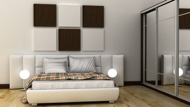 Пустые рамы в классическом интерьере спальни на декоративной окрашенной стене с деревянным полом. Кровать, тумбочка, подушка, простыни и одеяло. Скопируйте космическое изображение. 3D рендеринг
 - Фото, изображение