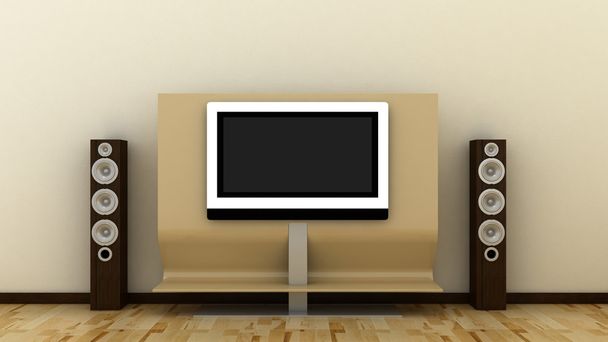 Empty LED TV on television shelf with home theater, cynema sound speker system in modern, classic interior background with white decorative paint wall and wooden floor. Copy space image. 3d render - Zdjęcie, obraz