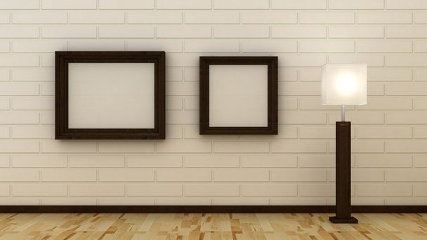 Leere Bilderrahmen vor klassischem Innenhintergrund an der dekorativen Ziegelwand mit Holzboden. Leerzeichen kopieren. 3D-Darstellung - Foto, Bild