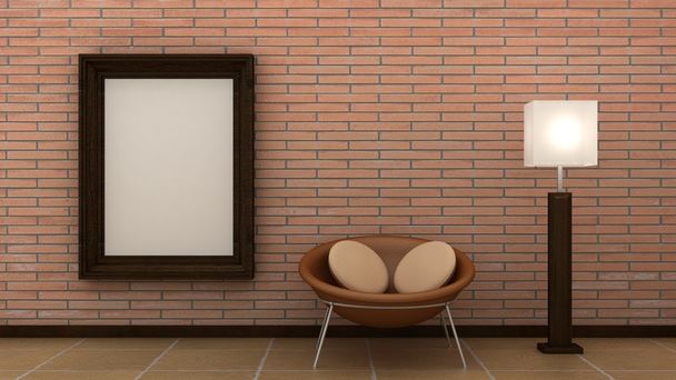 Empty picture frames in classic interior background on the decorative brik wall with marble floor. Copy space image. 3d render - Photo, Image
