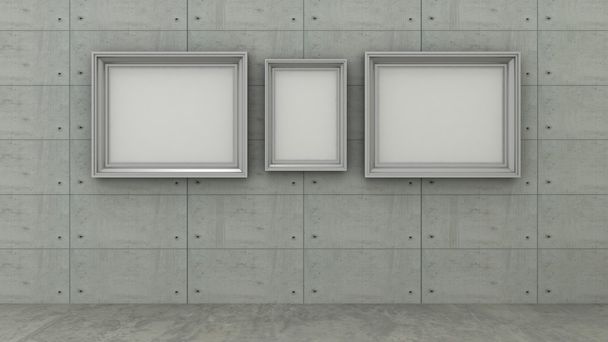 Cadres vides en arrière-plan intérieur moderne sur le mur de carrelage en béton avec plancher en béton. Copier l'image espace
. - Photo, image