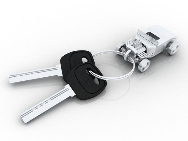 Ключи от машины с кольцом для ключей изолированы на белом. Концепция владения или покупки нового или подержанного автомобиля или автомобиля в аренду, лизинга автомобиля или страхования Вашего автомобиля
. - Фото, изображение