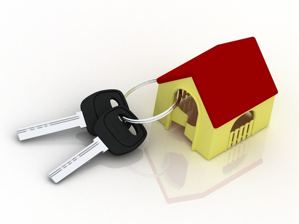 Dom klucz z kształcie breloczek do kluczy na białym tle. Koncepcja posiadania, wynajem lub kupno dom, mieszkanie lub apartament. - Zdjęcie, obraz