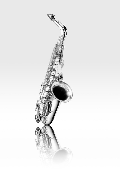 Instrumento de viento madera saxofón alto blanco y negro
 - Foto, Imagen