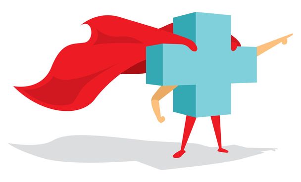 Medical health cross super hero with cape bravely pointing forwa - Vettoriali, immagini