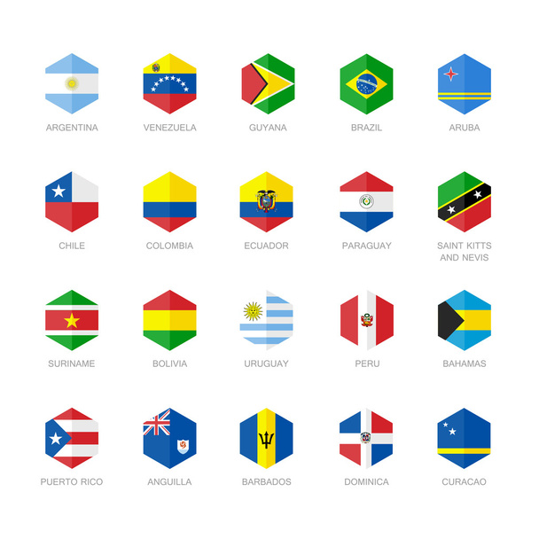 South America and Caribbean Flag Icons. Hexagon Flat Vector Design. - Vector, Imagen