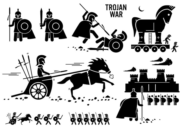 Trójai háború ló görög-római harcos Troy Sparta spártai pálcikaember piktogram ikonok - Vektor, kép