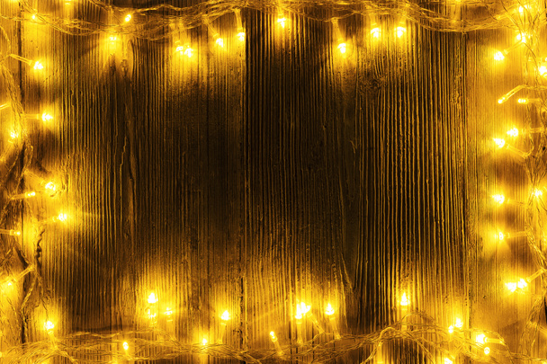 Garland Lights Frame Wood, Blank Wooden Board, Holiday Yellow Light - Photo, Image