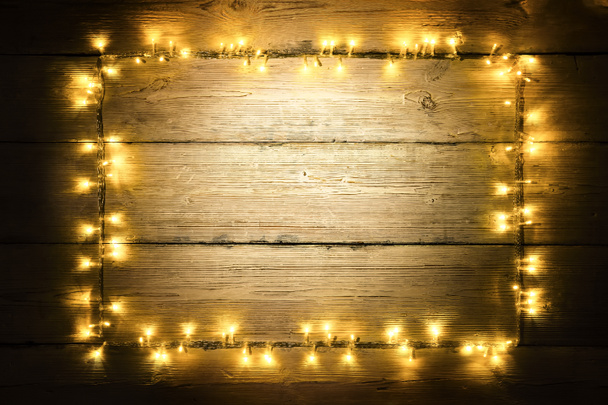 Garland lichten houten Frame, licht houten planken, ondertekenen Board - Foto, afbeelding