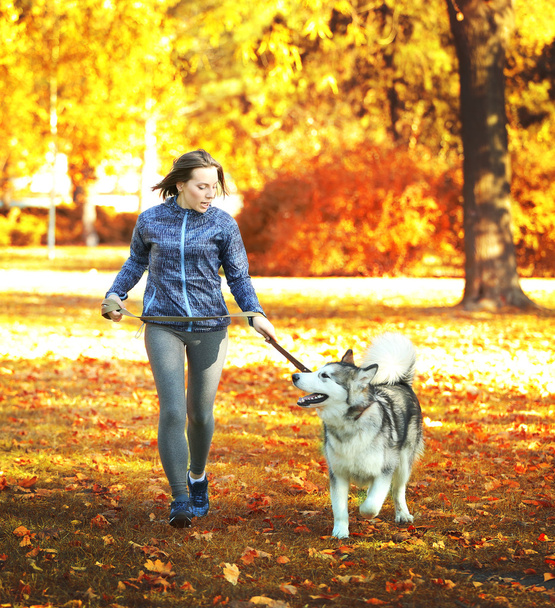 Happy young woman jogging with her dog in park - Fotografie, Obrázek
