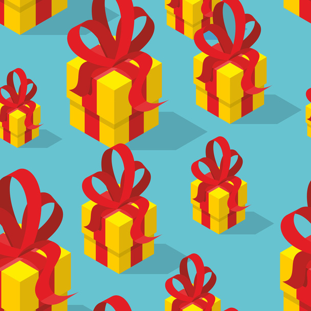 Gifts seamless pattern. Yellow gift box and bow. Festive backgro - Vector, Image