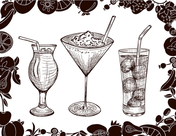 Hand drawn brown set of cocktails with cartoon fruits - Vettoriali, immagini