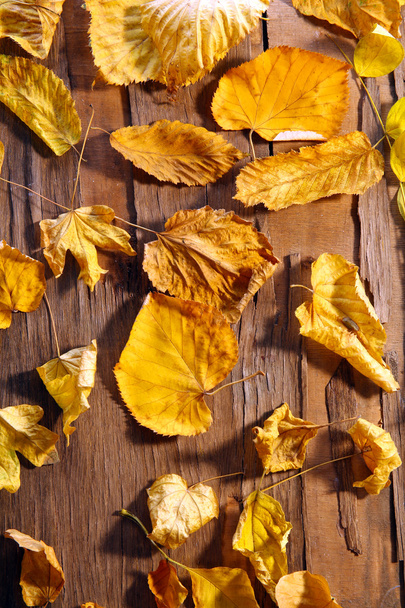 Sárga őszi levelek, a fából készült asztal háttere - Fotó, kép