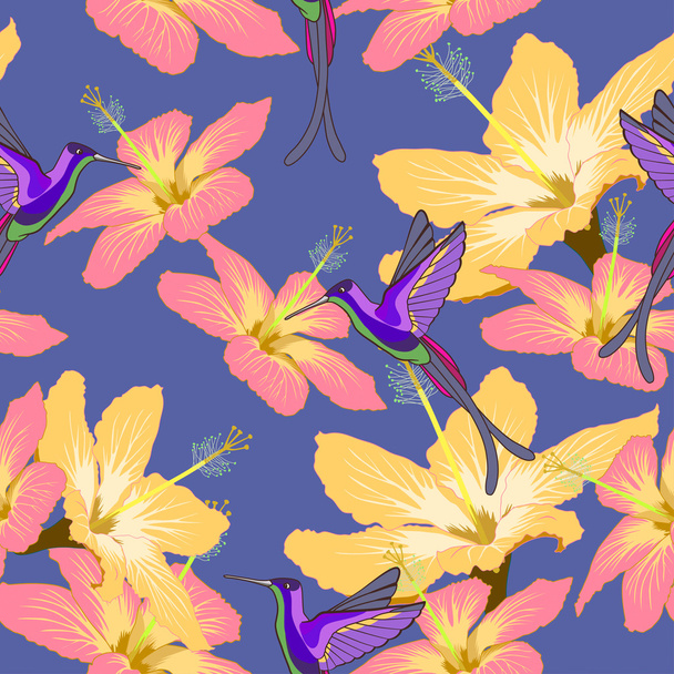 Seamless pattern with hibiscus flowers and hummingbird on blue - Διάνυσμα, εικόνα