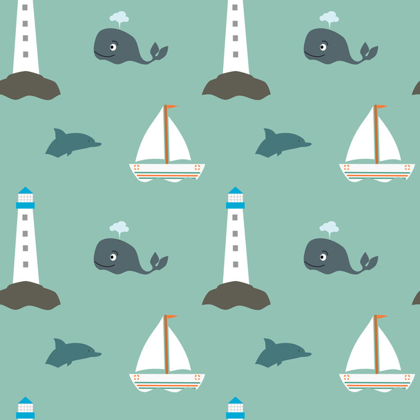 cartoon vintage retro sea seamless vector pattern with whale lighthouse boat and dolphin - Vecteur, image