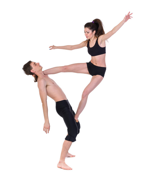 couple man and woman exercising fitness dancing on white background - Zdjęcie, obraz