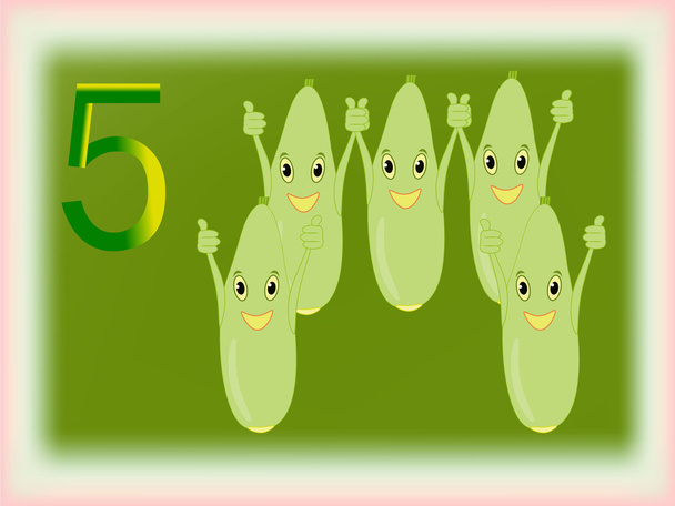 Illustrated flash card showing the number five, zucchini. - Vector, Image