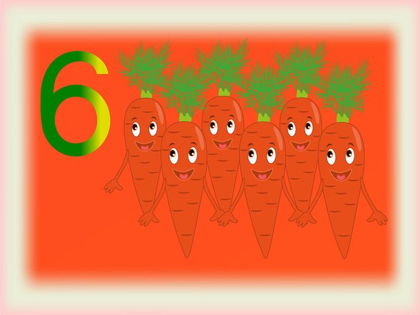 Tarjeta flash ilustrada que muestra el número seis, zanahoria
. - Vector, imagen