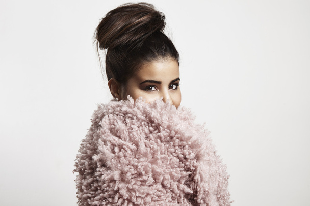 woman in pink faux fur jacket - Photo, Image