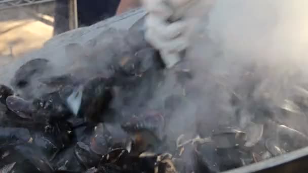 Taze mussles pişirme büyük kazan - Video, Çekim