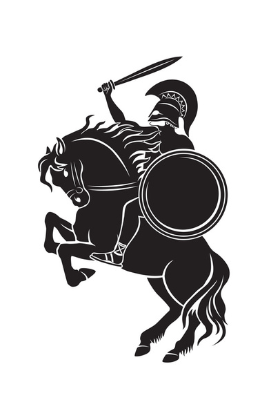 gladiator with spear sitting on horse - Vector, Image