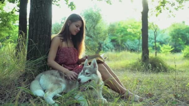 νεαρή γυναίκα διαβάζει ένα βιβλίο με ένας μεγαλόσωμος σκύλος ως σύντροφος μια αργή κίνηση - Πλάνα, βίντεο