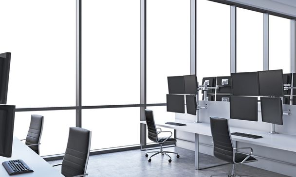 A modern trader's workplaces in a bright modern open space office. White tables equipped with modern trader's stations and black chairs. White copy space in the panoramic windows. 3D rendering. - Photo, Image