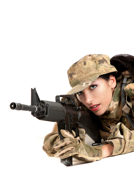 Beautiful army girl with rifle is aiming - Photo, image