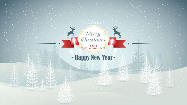 Kar yağışı ve fireworks vektör çizim ile neşeli Noel ve mutlu yeni yıl orman kış manzarası - Vektör, Görsel