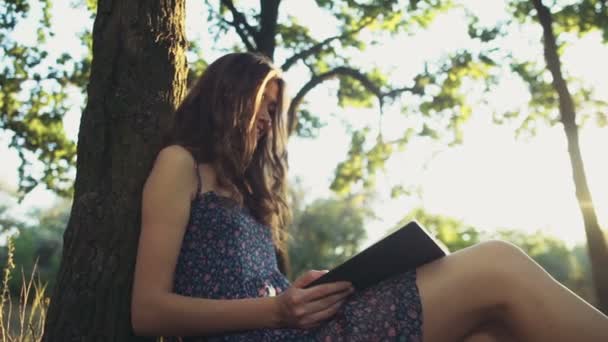 jonge vrouw leest een boek in bos slow motion - Video