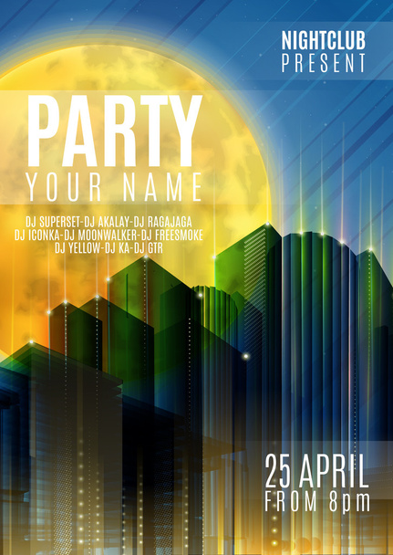 Night Party - Flyer or Cover Design. Background with full moon and night vector urban abstract illustration - Διάνυσμα, εικόνα