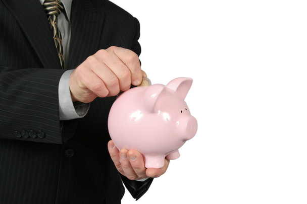 Business Man Holding Piggy Bank - Foto, Imagen
