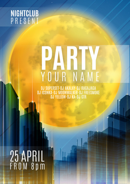 Night Party - Flyer or Cover Design. Background with full moon and night vector urban abstract illustration - Vettoriali, immagini