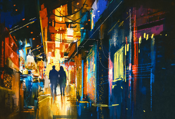 couple walking in alley with colorful lights - Photo, Image
