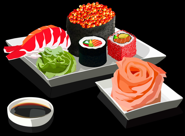 Sushi on square plates on black background, vector illustration - Vector, Image