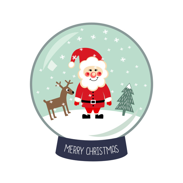 Christmas Snow globe z spada śnieg, Santa Claus, Boże Narodzenie drzewo i jelenie ilustracja. - Wektor, obraz