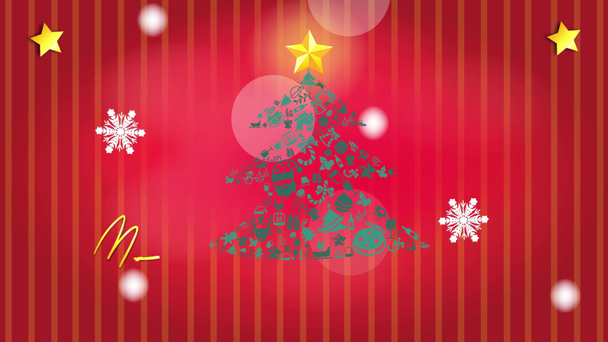 Animacja ilustracja Boże Narodzenie drzewo ornament ikona z gwiazda i biała zima śnieg śniegu spada i złoty pisma doodle tekst w tle czerwony wzór e-karta w 1920 x 1080 Hd - Materiał filmowy, wideo